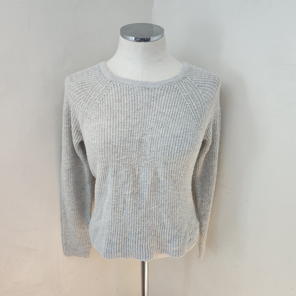 Aerie Womens XS Grey Marled Knit Draped Open Twist Back‎ Crewneck Sweater Raglan